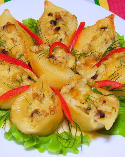 Рецепт ракушек, фаршированных пшенной кашей и грибами