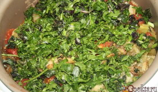 рагу с говядиной и овощами, запеченными на мангале