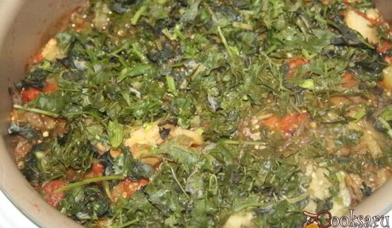 рагу с говядиной и овощами, запеченными на мангале