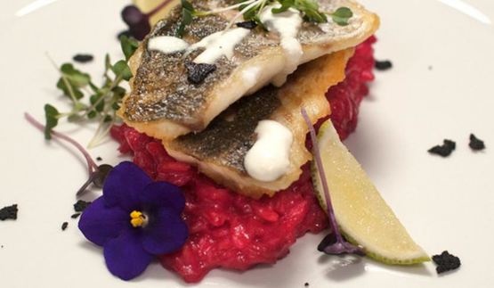 сибас на свекольном ризотто со сливочно-сырным соусом