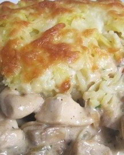 Рецепт курицы с грибами под шубой из картофеля