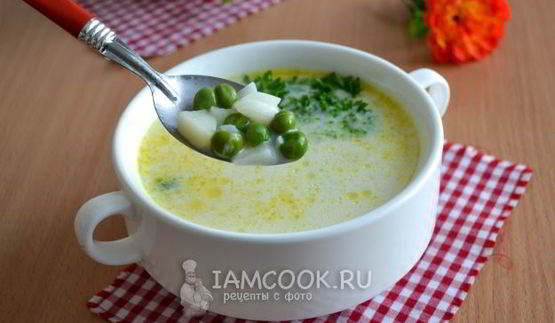 сырный суп с зеленым горошком