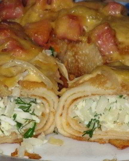 Рецепт запеченных блинов с рисом, ветчиной, яйцами и сыром