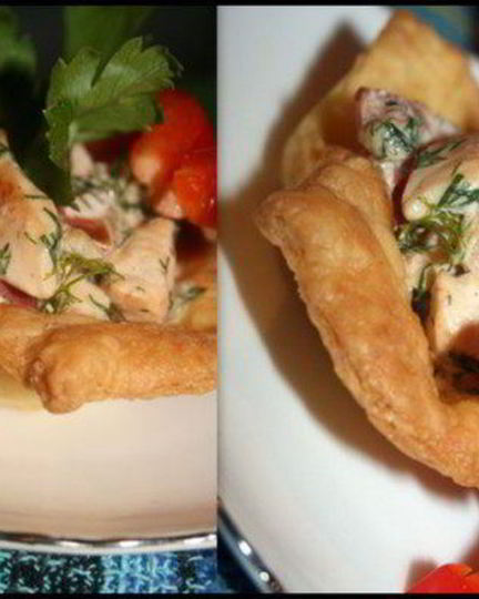 Рецепт хрустящих корзинок с курицей из домашнего слоеного теста