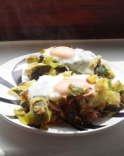 Рецепт яичницы с тунцом и луком пореем